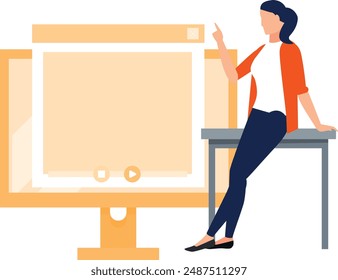 The girl is pointing to the monitor.