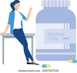 The girl is pointing to the protein jar.