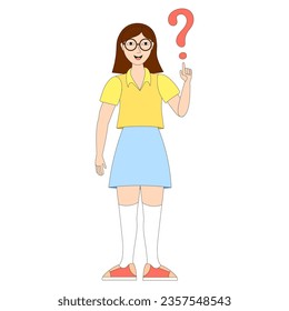 Girl pointing at the question mark. The concept of looking for answer to a question. Young woman solving a problem. Ask a question. Find the answer. Person searching for information. FAQ, analysis