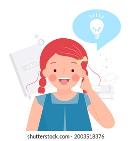 Girl pointing with thinking process. Getting idea and study at school or homeschooling. Point finger at lightbulb. Creative learning. Flat vector illustration isolated on white background.