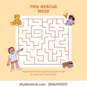 Girl pointing at Toy Maze with teddy bear, truck and doll. Help character reach favorite toy. Educational puzzle for kids. Flat cartoon vector illustration for children indoor activity game