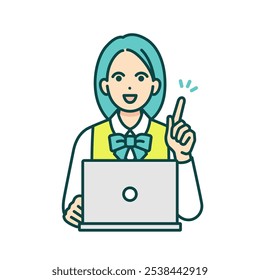 Garota apontando. Material vetorial de uma menina do ensino médio aprendendo a usar um computador portátil na escola.