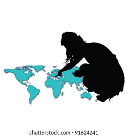 girl pointing to world map vector illustration