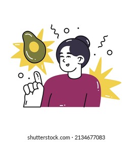 The girl points to an avocado. Fast-food or healthy food icons. Choosing the Right Nutrition.  Refusal of sweet and junk food. Flat style in vector illustration. Isolated element.