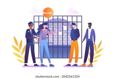 Girl Points To Criminal Concept. Female Witness Stands In Front Of Criminals And Recognizes Thief. Guilty Person In Police Station. Cartoon Flat Vector Illustration Isolated On White Background