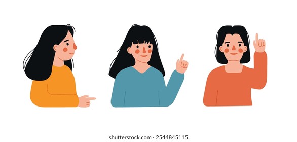 Girl points, directs and shows with her finger set. Gesture to look up and to side. Indicate with hand. Characters indicates attention. Vector flat isolated illustration