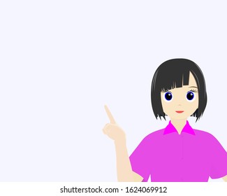 girl points a finger. Beautiful brunette points her finger. Vector baner on light blue background