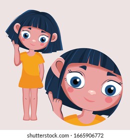 The girl points a finger at her hair. Fashionable vector illustration of the body's structure and health