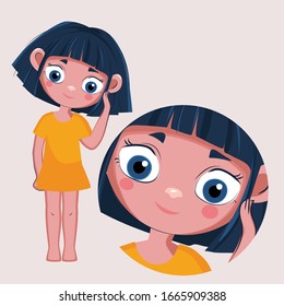 The girl points a finger at her head. Fashionable vector illustration of the structure and health of the body.