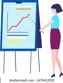 Girl points at graph chart.  The idea of ​​sales growth. Business development. Business idea. Businesswoman. Vector illustration