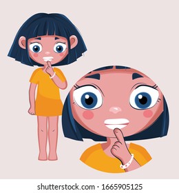 The girl points her finger at her beautiful, even white teeth.  Fashionable vector illustration of the body's structure and health 