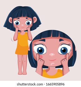 The girl points her finger at her big blue eyes. Fashionable vector illustration of the body's structure and health