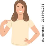 The girl points her finger at herself. The "I" gesture.
