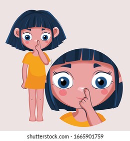 The girl points her finger at her little nose. Fashionable vector illustration of body structure and health