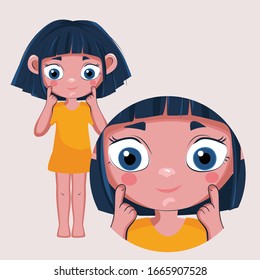 The girl points her finger at her pink cheeks. Fashionable vector illustration of the body's structure and health