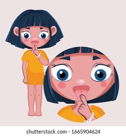 The girl points her finger at her tongue.  Fashionable vector illustration of the structure and health of the body