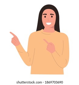 The girl points her fingers from the side of herself, points to the object, the place for insertion. Mock-up for advertising, isolated on white background, space for text. Flat illustration