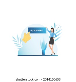 Girl Points To Icon, Link, Tag, Symbol, Form Where To Click, Touch Internet On Website. Cursor Is Hand, Mouse Clicks On Big Button With Title Click Here. Woman With Action Plan On Web Page.