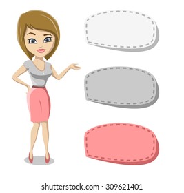 girl points on different plates. Vector illustration.