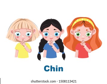 The girl points to a part of the body as "chin" and calls it. Illustration from the "Name a Body Part" series for children