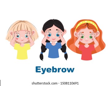 The girl points to a part of the body as "eyebrows" and calls it. Illustration from the "Name a Body Part" series for children
