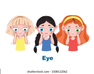 The girl points to a part of the body as "eyes" and calls it. Illustration from the "Name a Body Part" series for children