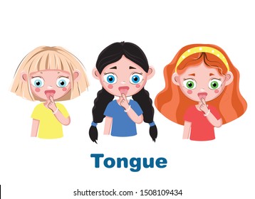 The girl points to a part of the body as "tongue" and calls it. Illustration from the "Name a Body Part" series for children