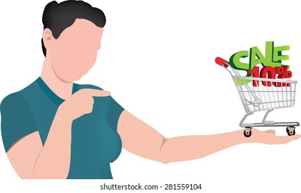 Girl points the shopping cart and balances discount