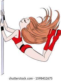 
Girl pole dancer dancing in a red suit in high heels