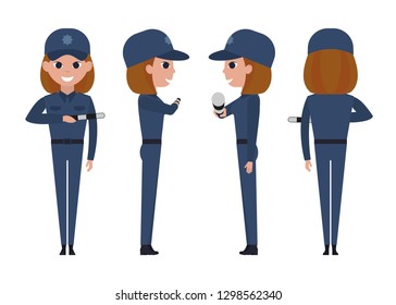 Girl police officer isolated on white background. Traffic controller holds a striped rod near the chest. Front, side, back view animated character.