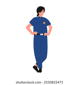 Girl in police uniform standing, young woman holding hands on waist vector illustration