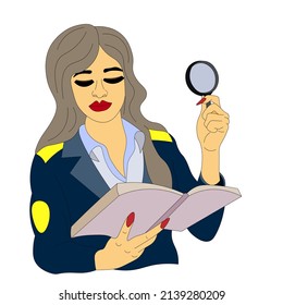 girl is policeman, detective, investigator holding magnifying glass and notebook for writing. woman in uniform. investigation of incidents, crimes, detection of traces. vector