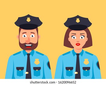 a girl and a policeman man are standing together. nice security guard. flat character vector illustration