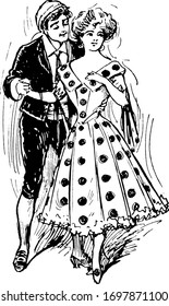 A girl in polka dot dress, a boy in suit standing behind her and holding her hand, vintage line drawing or engraving illustration