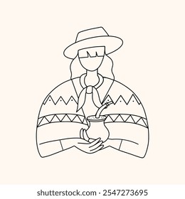 A girl in a poncho with yerba mate in her hands. Gaucho woman with tea. Vector illustration. 