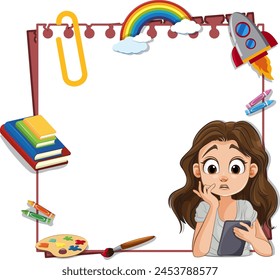 Girl pondering within a whimsical doodle frame