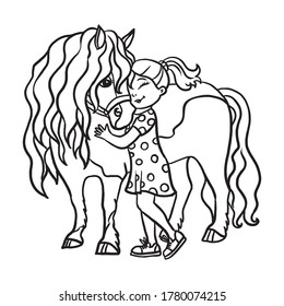 girl and pony, cute friends, coloring book