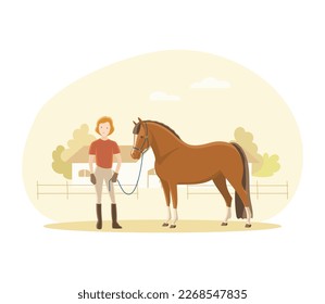 Girl and a pony are standing in front of the stable