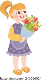 Girl with ponytail and in blue dress holds bouquet of tulips in her hands. Vector illustration for greeting cards