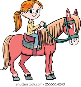 girl with a ponytail rides a horse