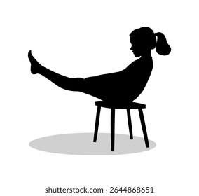 Girl with a ponytail sits on a stool, legs raised up, sports gymnastics bar, black silhouette of a person