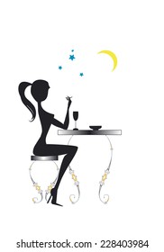 Girl with ponytail sitting at a table in a bar under the moon, smoking a cigarette and drinking a fresh cocktail while waiting her boyfriend