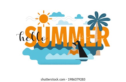 Girl with a ponytail is swimming in the sea in front of a large Hello summer sign. The sun, clouds, and large palm tree in the background. Summer flat vector illustration banner. Say hello to summer.