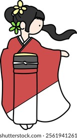 Girl with ponytail wearing red and white kimono