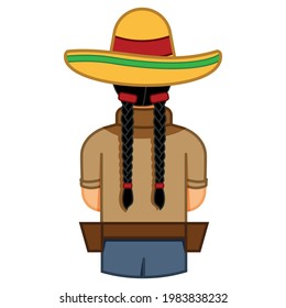 Girl with ponytails and back turned with holsters and sombrero isolated on white background