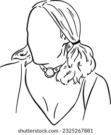 Girl with ponytails and a choker in a jacket doodle linear cartoon coloring