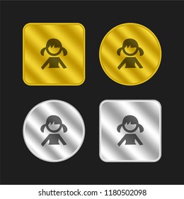 Girl with ponytails gold and silver metallic coin logo icon design