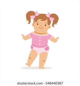 Girl With Ponytails Making First Steps, Adorable Smiling Baby Cartoon Character Every Day Situation