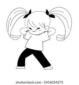 a girl with ponytails is standing and holding her hands behind her head