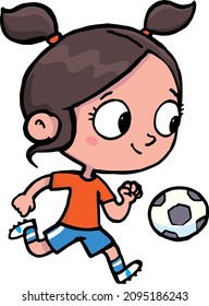 girl with ponytails successfully leads a soccer ball